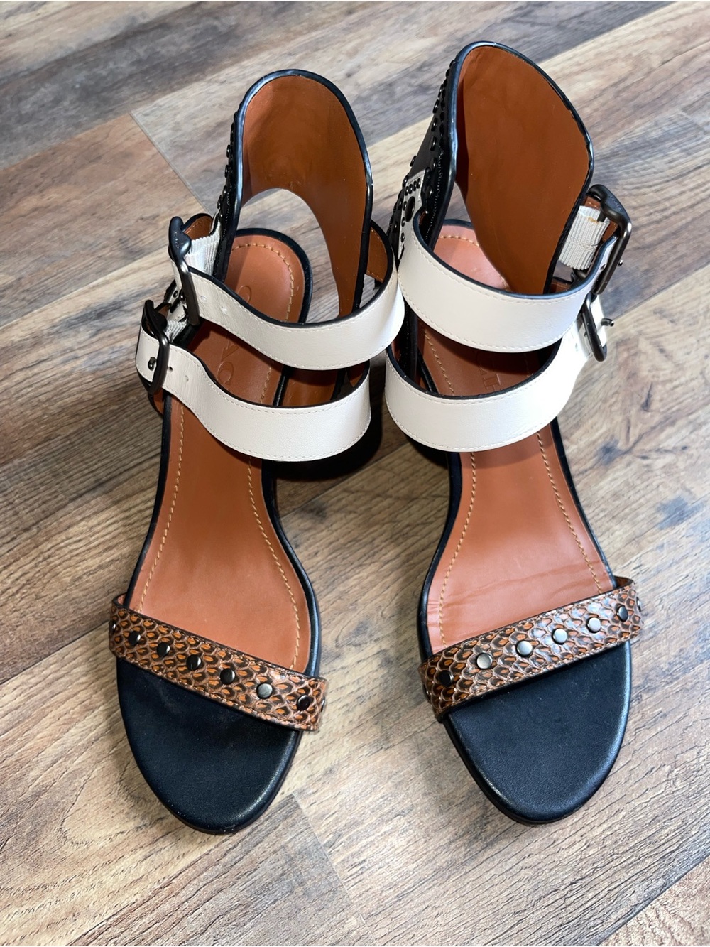 Coach Women's Black and White Strappy Sandals with Brown Accent